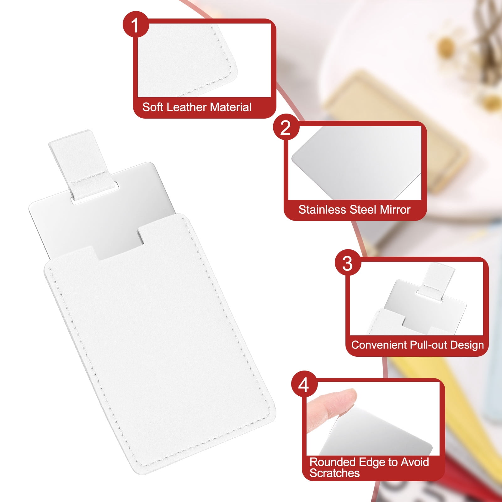 Unique Bargains Small Pocket Mirror Purse Stainless Steel PU Leather White