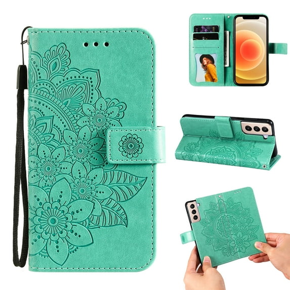 Flip Case for One Plus Nord CE 5G, Allytech Floral Embossing Synthetic Leather Shockproof Wallet Case Folio Kickstand Card Slots Holder Magnetic Closure Hand Strap Case for Oneplus Nord CE 5G, Green