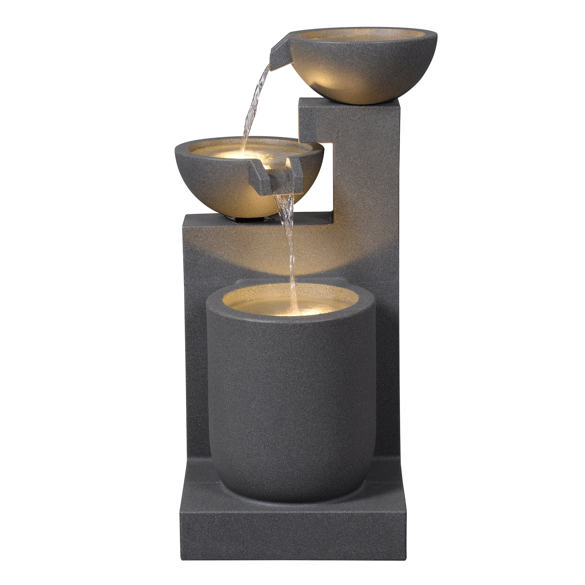 Gray Modern Tiered Bowl Fountain, Decorative Water Fountain with LED Lights and Quiet Pump, Indoor Outdoor Water Feature for Patio, Garden, Deck, Balcony, Office and Home Déco