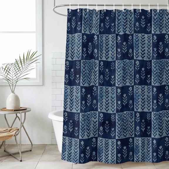 Vintage Floral Shower Curtain Set, Waterproof Shower Curtains for Bathroom, Abstract Flowers Patchwork Country Navy Blue Washable Fabric Bath Curtain for Bathtub Decoration with Hooks 72x78 Inches