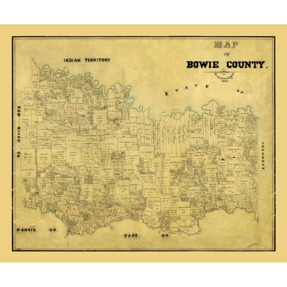 Historic County Map - Bowie County Texas - General Land Office 1884 - Vintage Wall Art