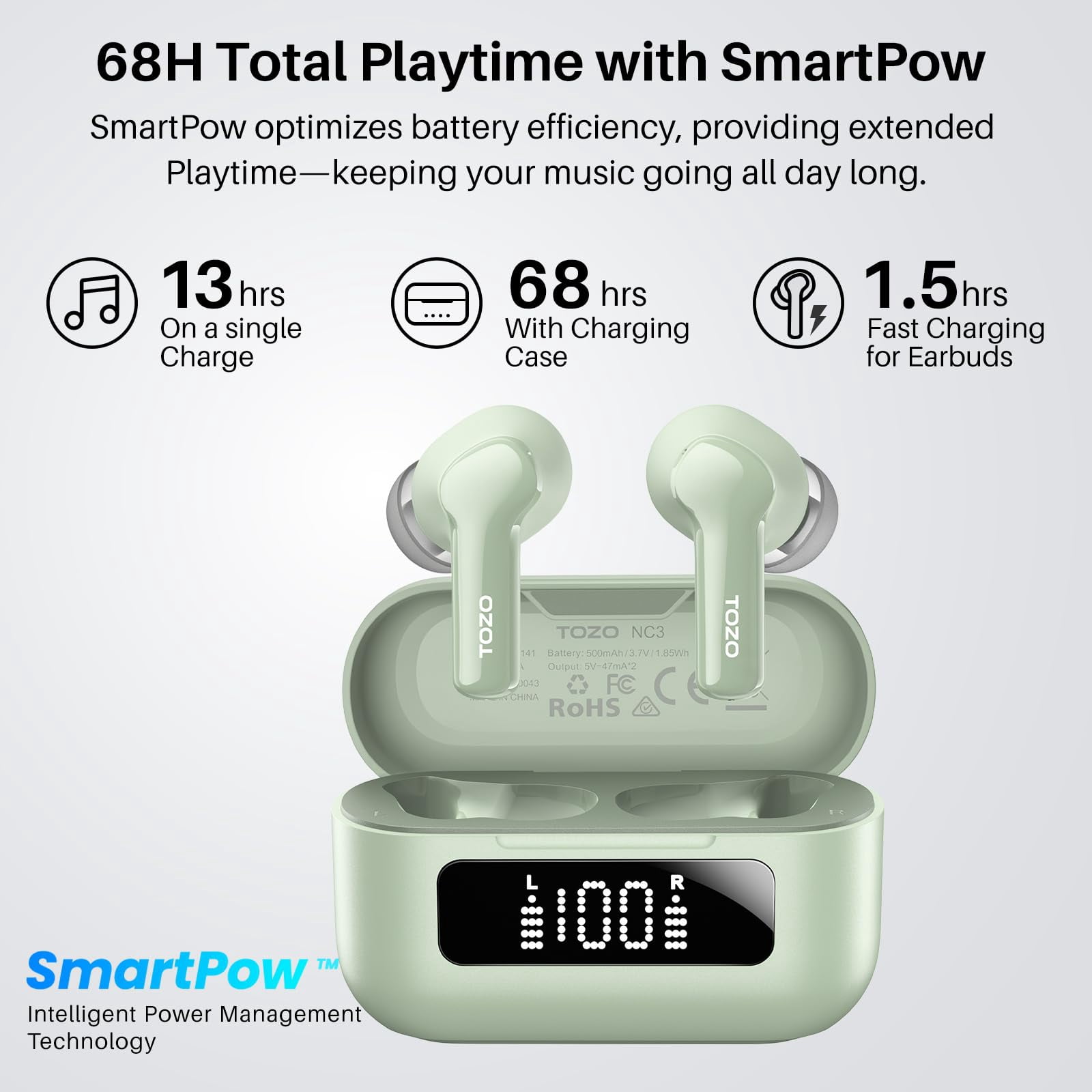 TOZO AI Translation Noise Cancelling Earbuds Wireless, Bluetooth Headphones, 68H Play, 6-Mic ENC Clear Calls, Stereo Bass with APP-32EQ, LED Power Display, IPX8 Waterproof, Fast Pairing & Low Latency