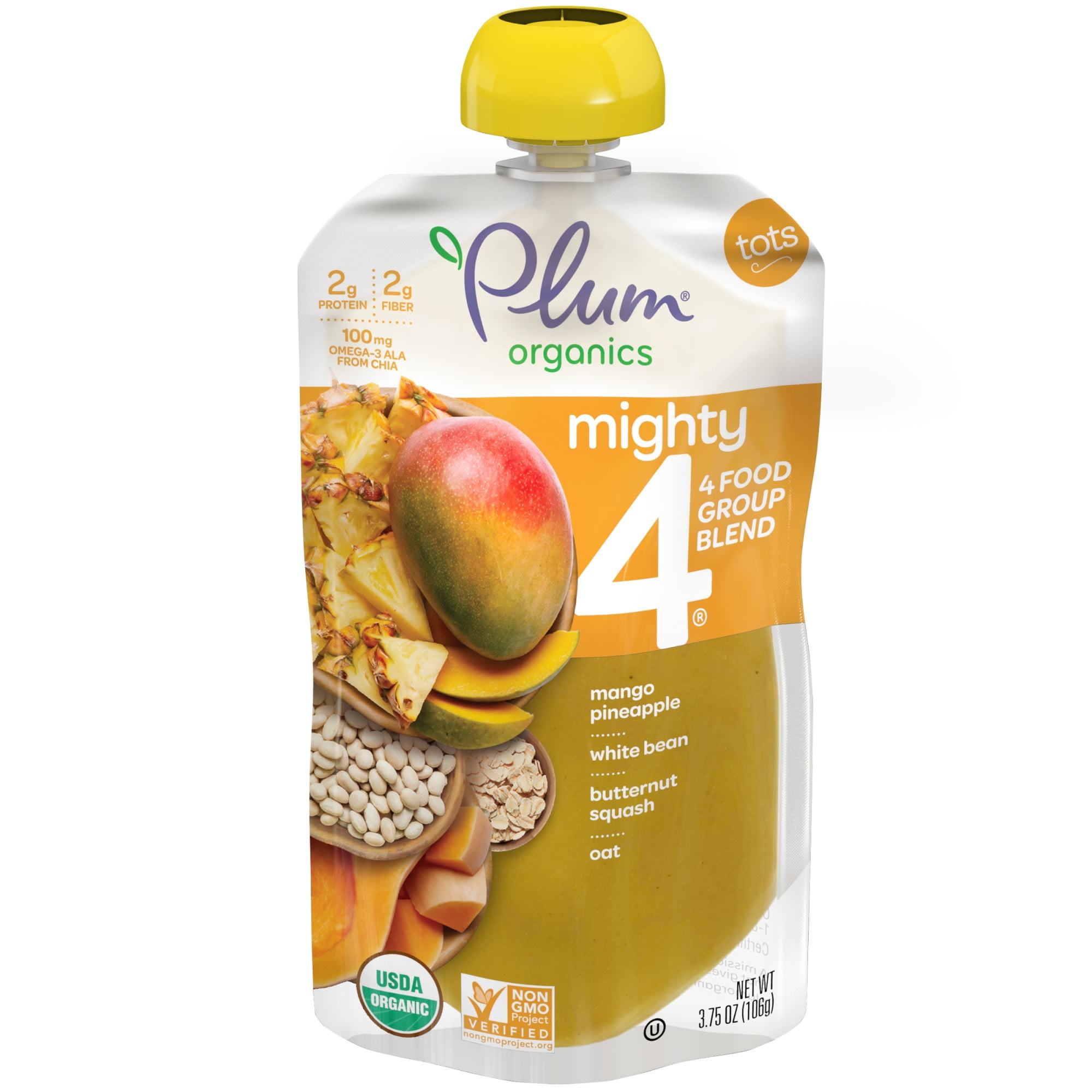 Plum Organics Mighty 4 Toddler Food Pouch: Mango, Pineapple, White Bean, Butternut Squash, Oat - 3.75 oz, Baby Food