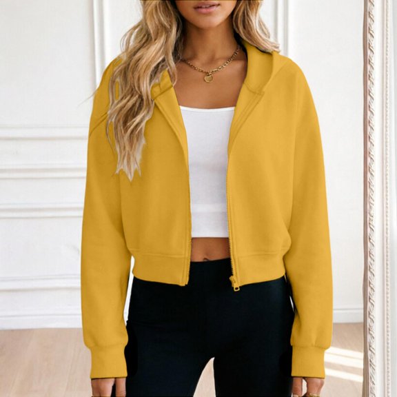 Womens Zip Up Hoodies Cropped Jackets Fall Clothes 2026 Casual Lightweight Long Sleeve Cropped Sweatshirt(Yellow,XXL)