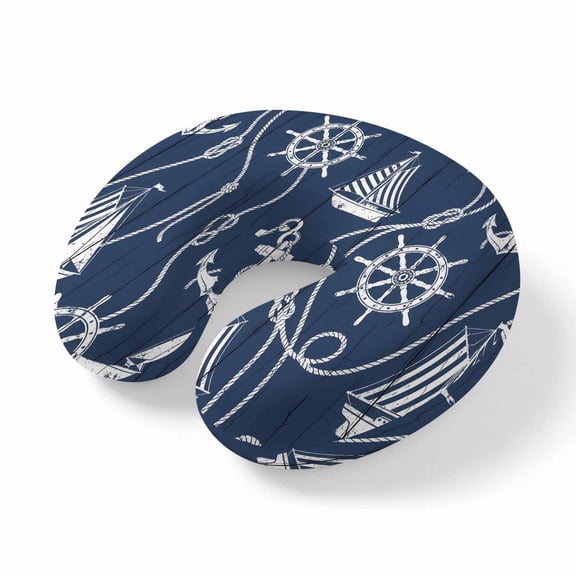 Neck Pillow Coastal Sailboat Compass Anchor Travel Pillow Memory Foam U Shaped Pillows, Nautical Theme Navy Blue Wood Travel Neck Pillows for Airplane Car Office Home Sleeping Rest
