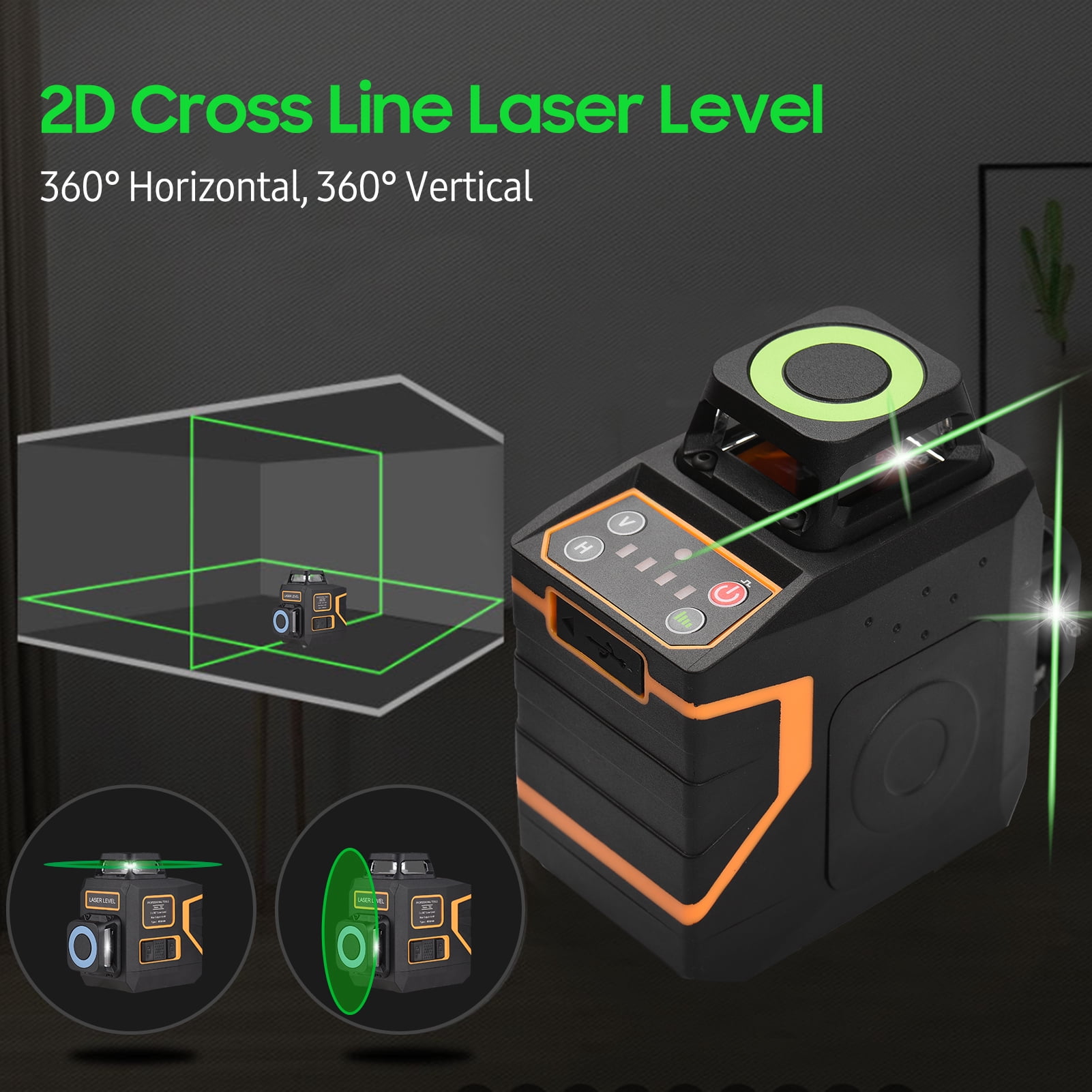 2 x 360 Tool 2D Cross Line Level with Bracket 30M/ 98FT Self Leveling 2 x 360-degree Horizontal and Vertical Green Beam Rechargeable 8 Lines Marker 4 Levels Brightness 4