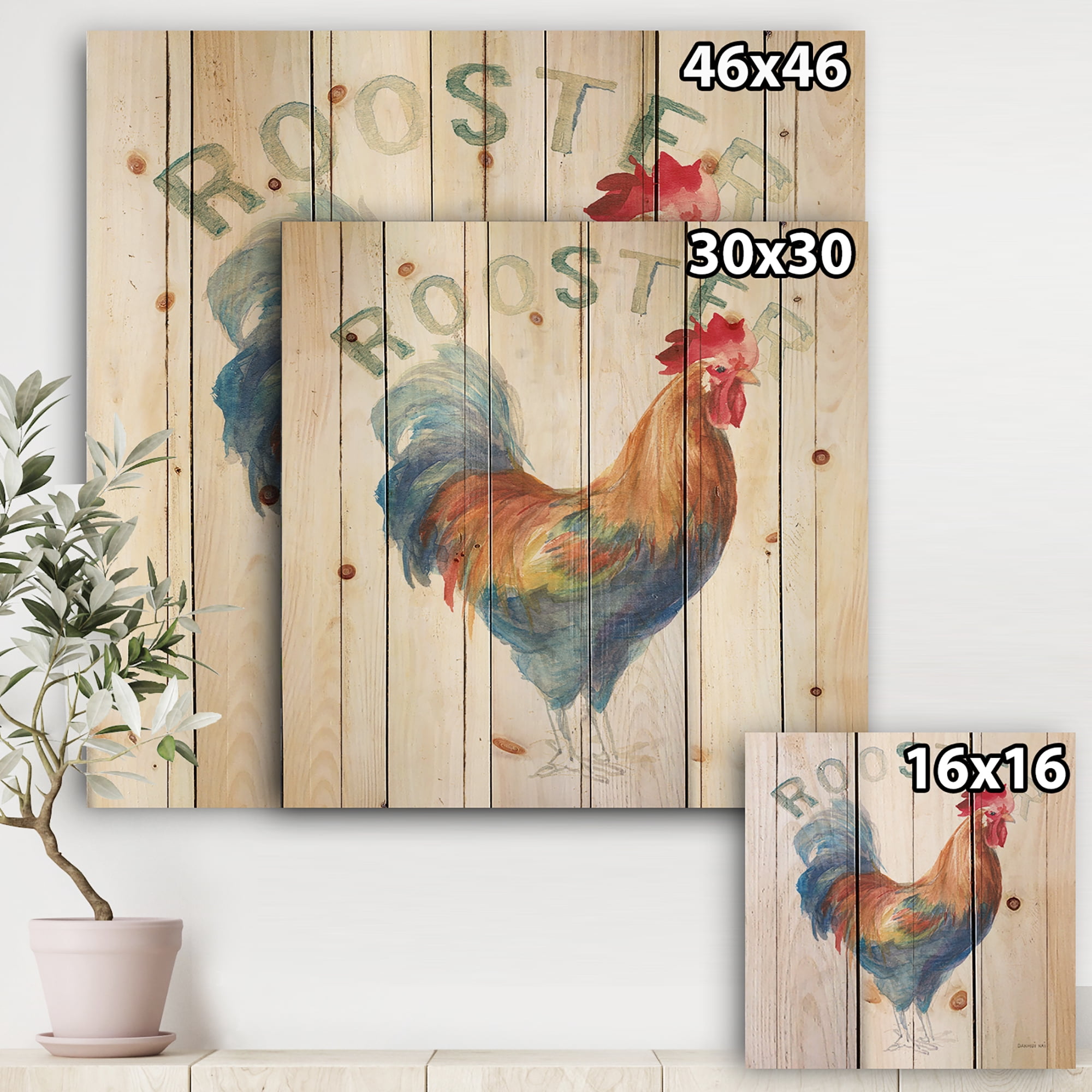 Designart 'Wood Farm Roaster On White I' Farmhouse Print on Natural Pine Wood