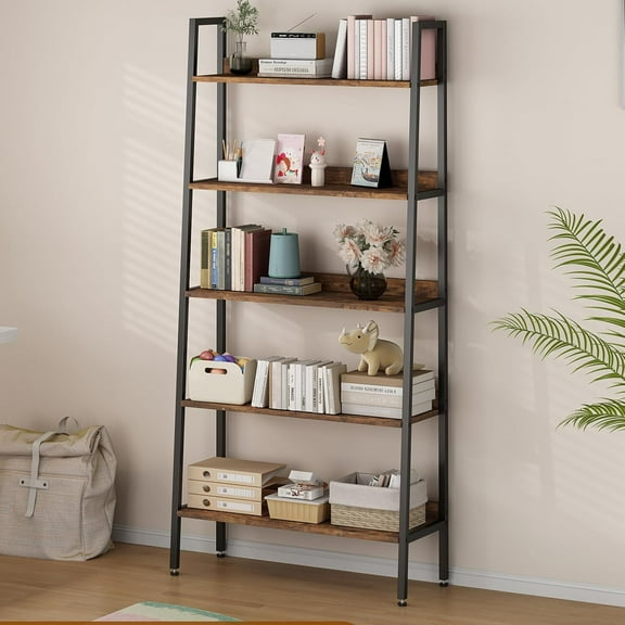 DSstyles 67" Tall Book Shelf, 5 Tier Bookcase, Narrow Book Case Book Storage Organizer with Open Shelves, Industrial Metal Frame Bookcase and Bookshelf for Home Office Kitchen Living Room, Rust Brown