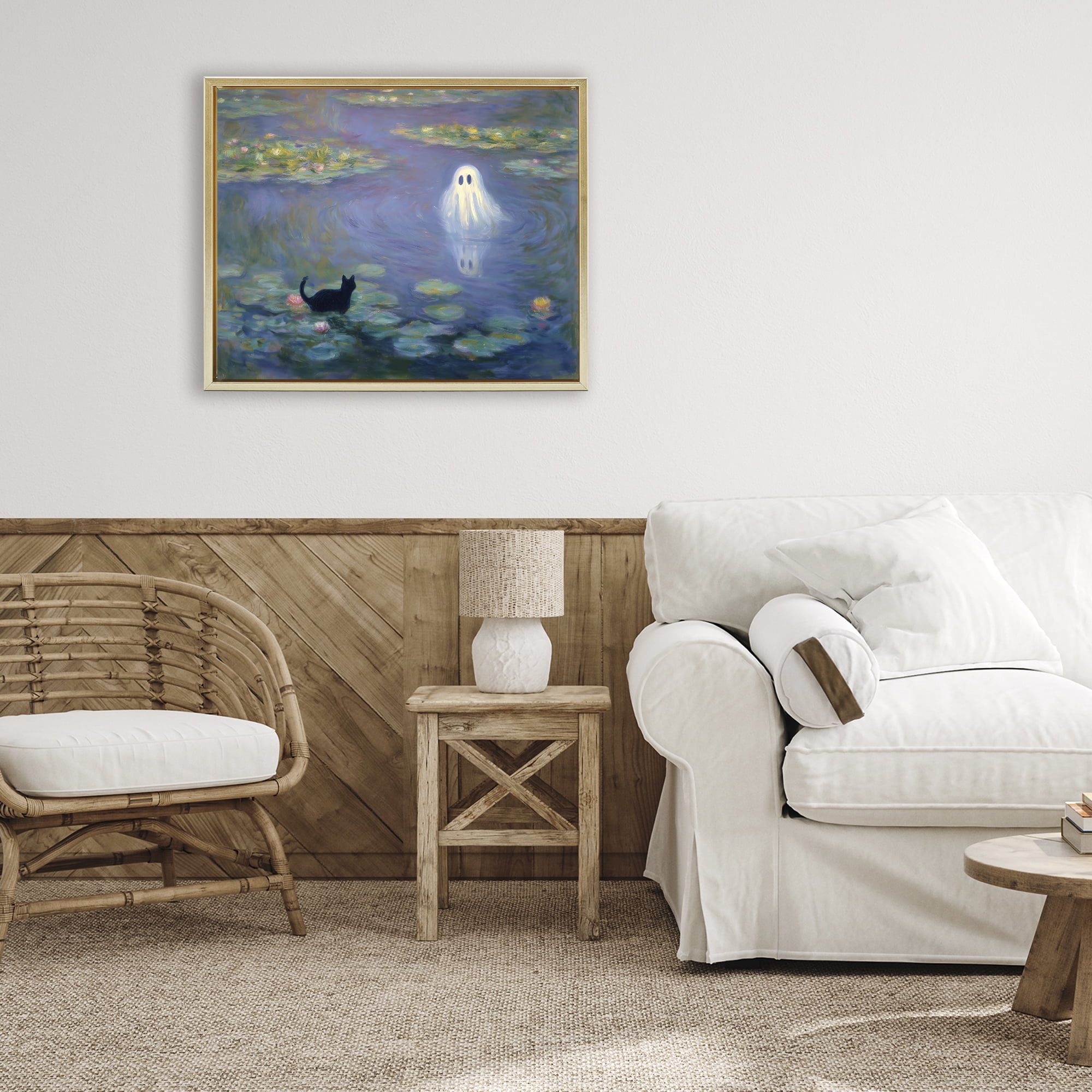 Water Lilies with Ghost & Kitty Gold Framed Floater Canvas Wall Art, design by Arlington Prints