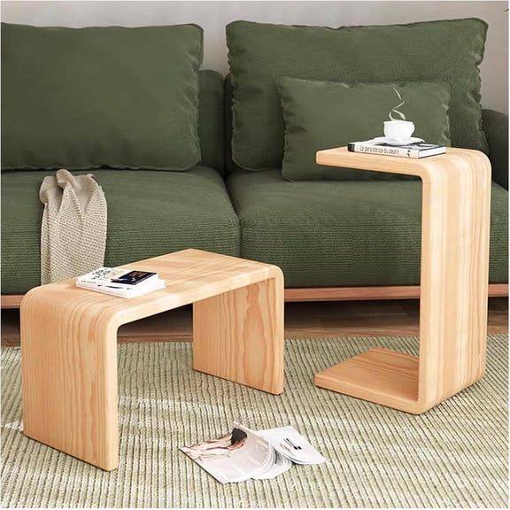 C Shaped End Table, Solid Wood C Side Table for Couch Sofa and Bed, Sofa Tables That Slide Under for Space Saving, Small Snack C Tables for Living Room Bedroom (H 24.4 - Wood, 2)