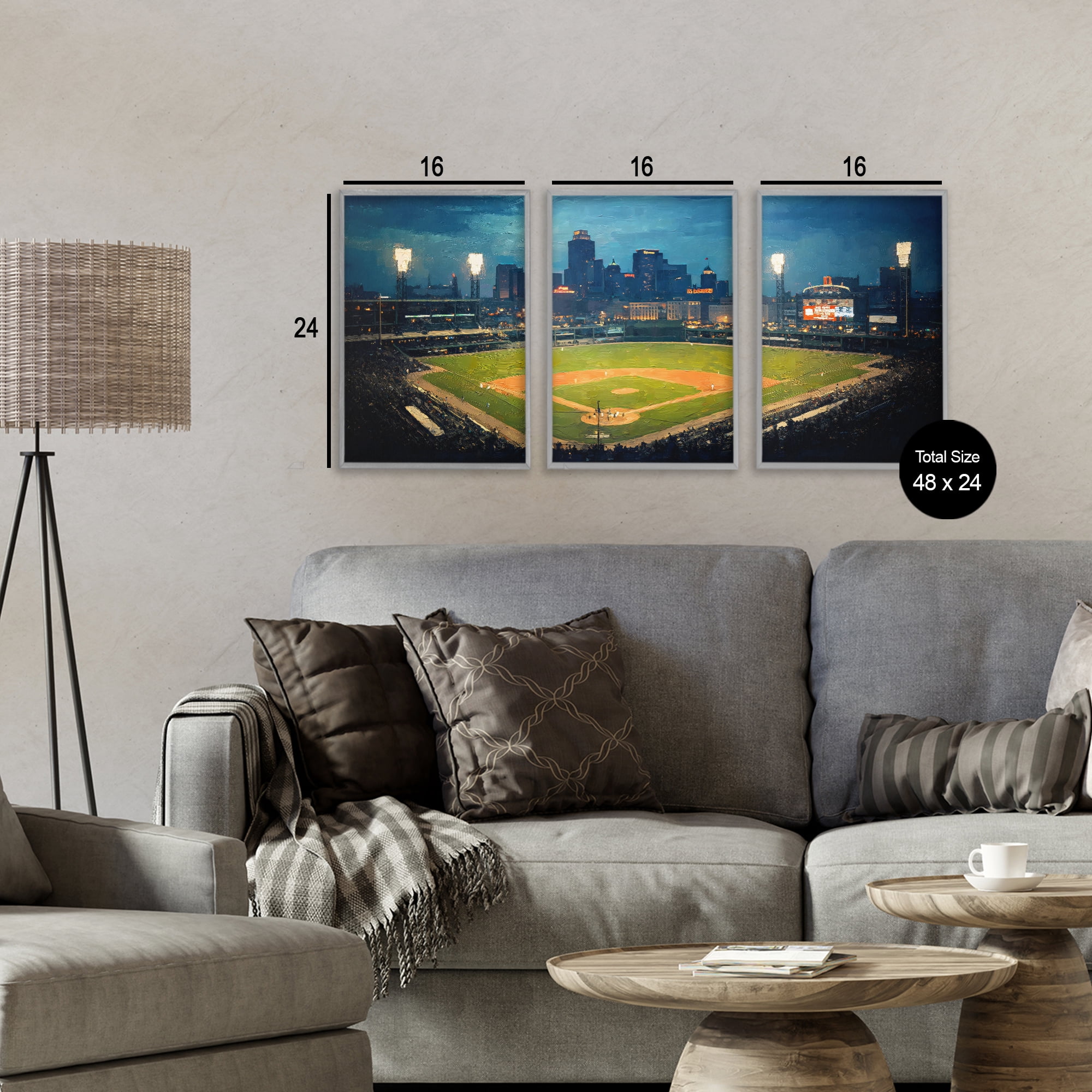 Stupell Industries Baseball Stadium Night View 3 Piece Gray Framed Giclee Art Set, design by Arlington Prints