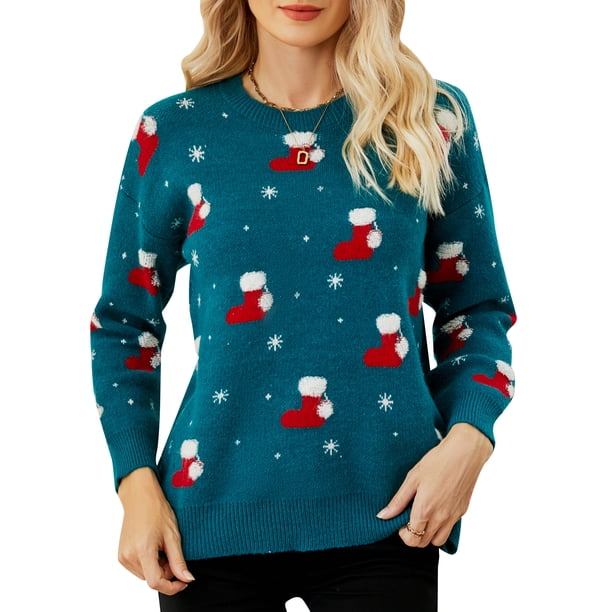 Camiseta mujer, Suéter de Navidad para mujer, suéteres casuales de manga larga con cuello redondo de Abody Azul/Pequeña