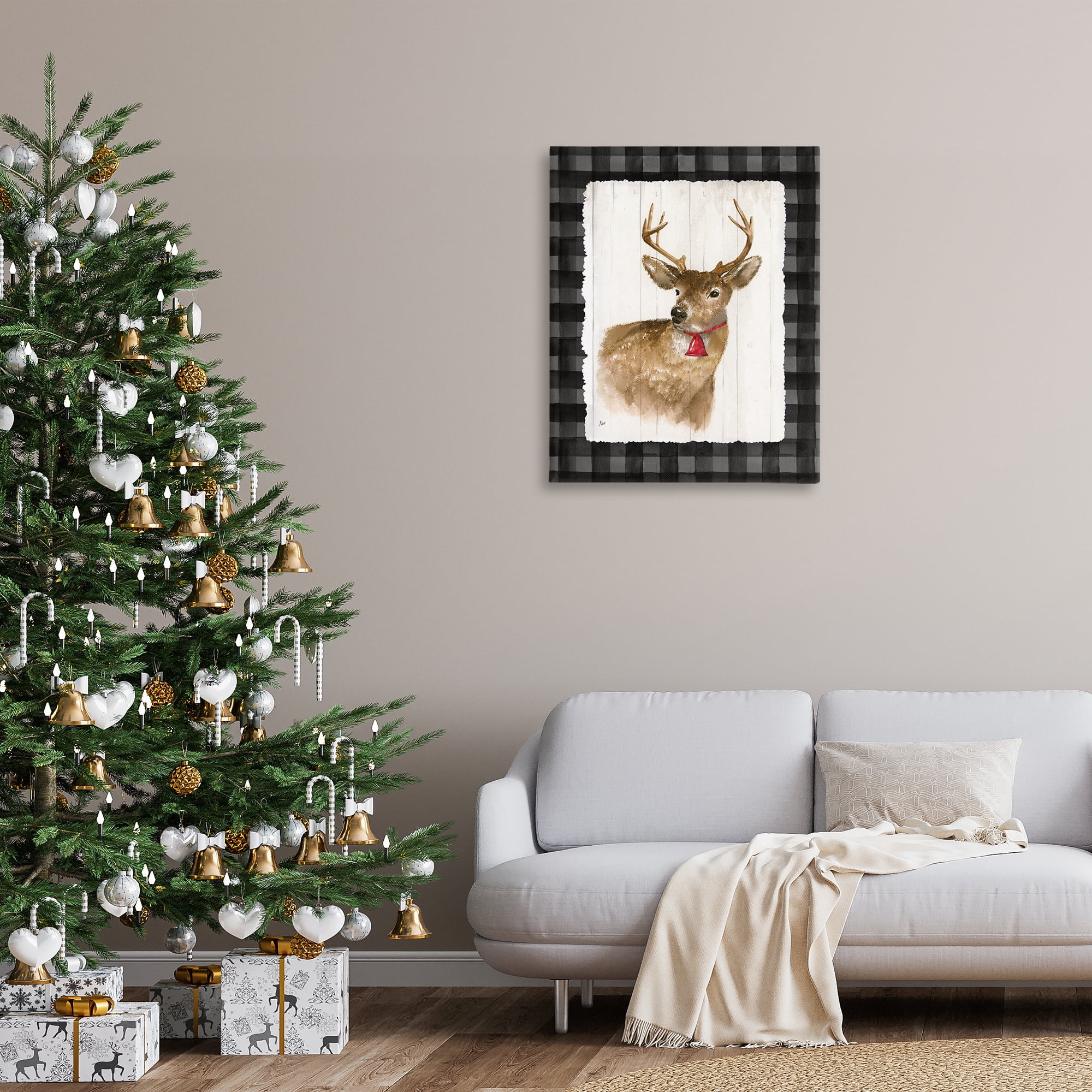 Stupell Industries Deer with Red Bell Animals & Insects Painting Gallery Wrapped Canvas Art Prints Wall Art, 30 x 40