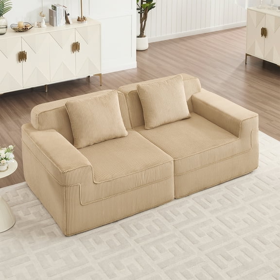 Modular 2 Seat Loveseat Boneless Sofa, Cloud Sectional Couch with Deep Seat, Modern Modular 2-Seat Sofa Couch with Throw Pillows Corduroy Fabric Camel