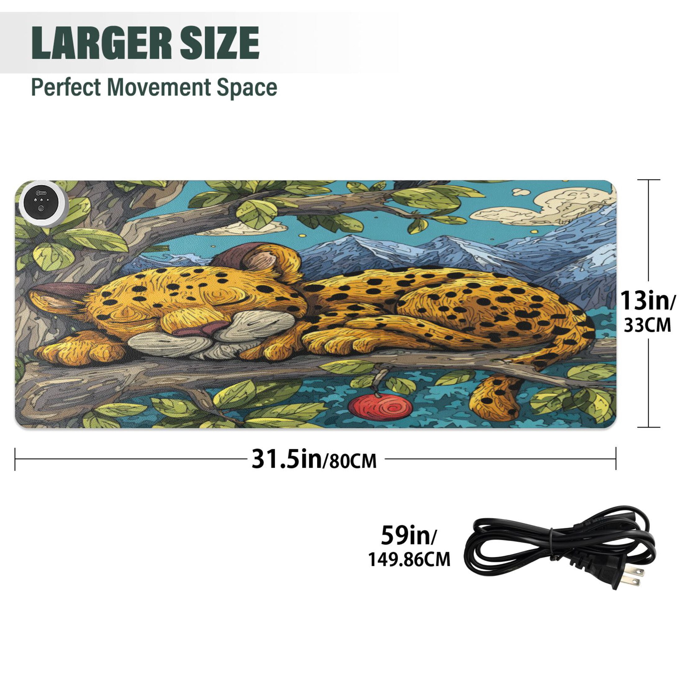 Large Heated Desk Mat Mouse Pad 31.5"x13"PU Leather Graphene Heating Desk Warmer with 3 Temperature Settings 110V US Plug Non-Slip Warm Pad for Home, Office, and Gaming A Cute Leopard Cub Sleeping