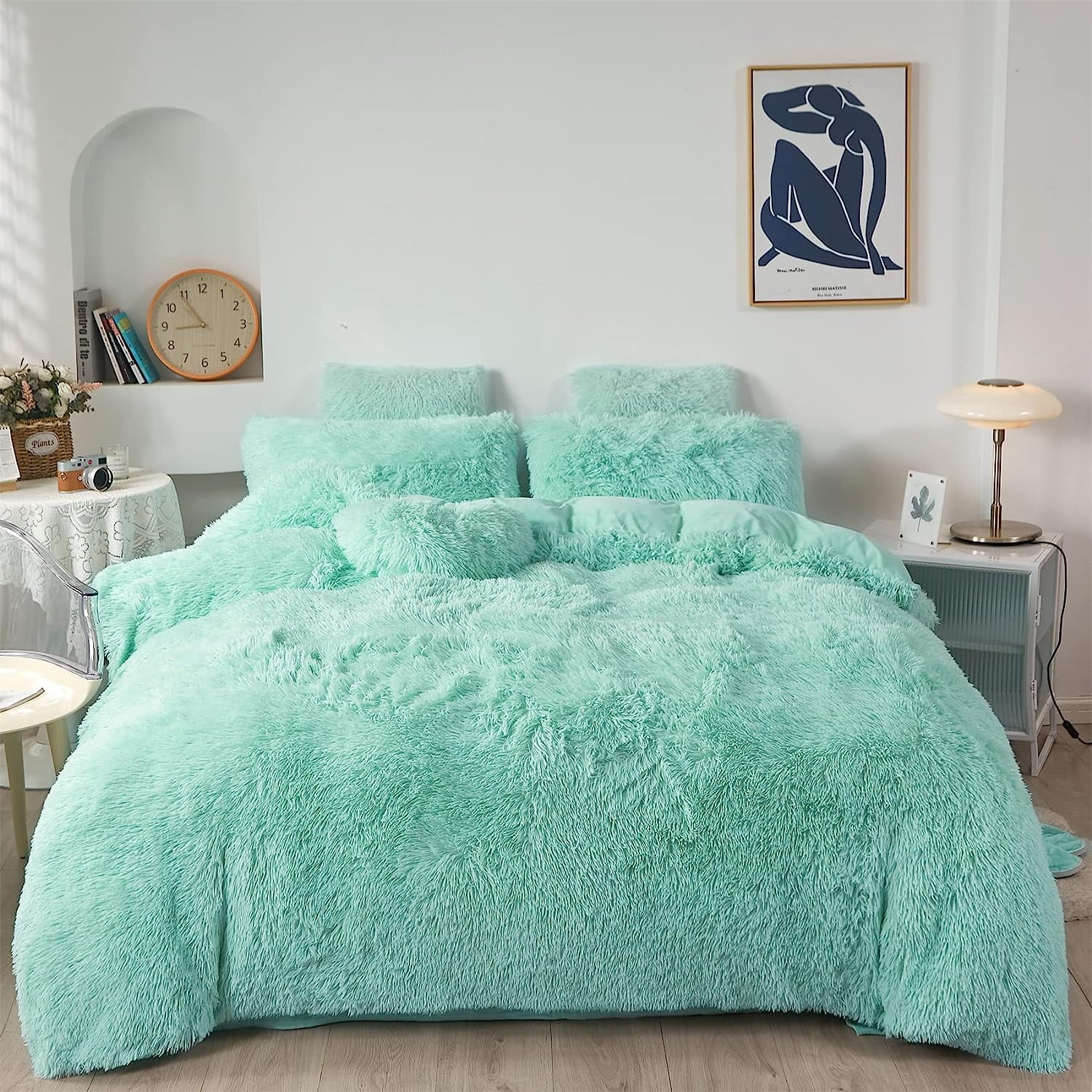 bafwm Faux Fur Plush Green Comforter Cover Queen Set 9 Pieces，Shaggy