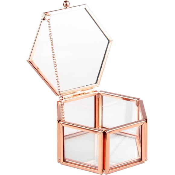 Feyarl Gold Glass Jewelry Box Trinket Ornate Ring Earring Box Keepsake Decorative Box for Wedding Gift Dresser (Rose Gold)