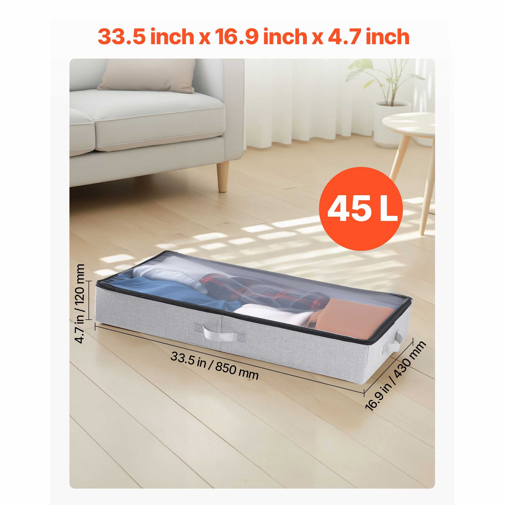 KFFKFF Under Bed Storage Containers with Transparent Lids, 33.5 x 16.9 x 4.7 Inches, 45L Capacity, Low-Profile Storage Bins for Clothes, Shoes, Blankets, and Bedroom Organization, Set of 2