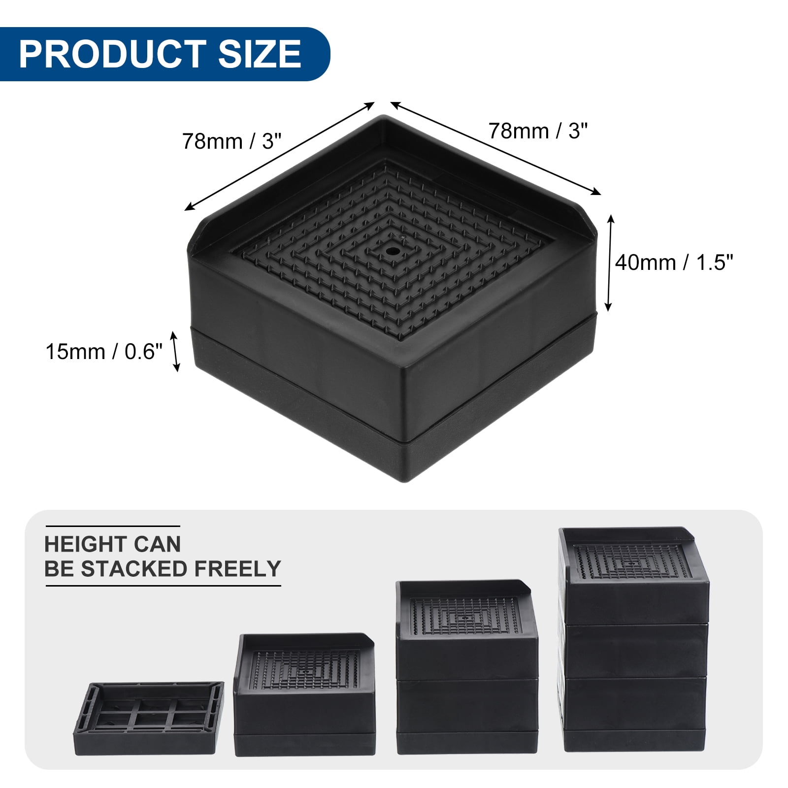 Unique Bargains Furniture Risers Bed Square Bed Risers Adjustable Couch Lifter Block Black 3" x 3" x 1.5"