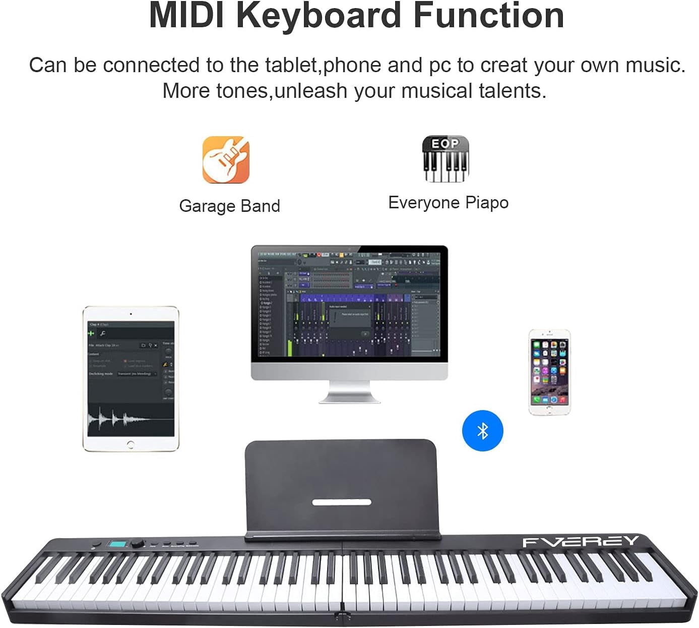 88-Key Folding Digital Piano Keyboard, Weighted, Full Size   with Sustain Pedal, Handbag, Bluetooth, USB MIDI for Beginner, Adult