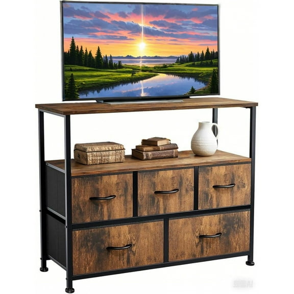 YFLXDMLYYSC Dresser TV Stand, Entertainment Center With 5 Fabric Drawers, Media Console Table For TV With Open Storage Shelf Dresser