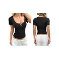 thumbnail image 2 of Women'S Summer Short Sleeve Tops Ribbed Henley Button Slim Fit Basic Casual T Shirts Black XL, 2 of 7
