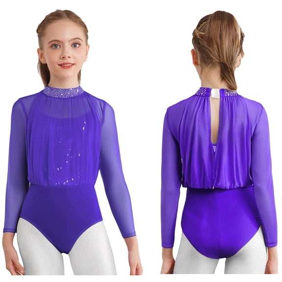 Doomiva Gymnastics Leotard for Girls Sparkly Sheer Mesh Long Sleeve Figure Skating Bodysuit One Piece Rhythmic Jumpsuit Purple 16