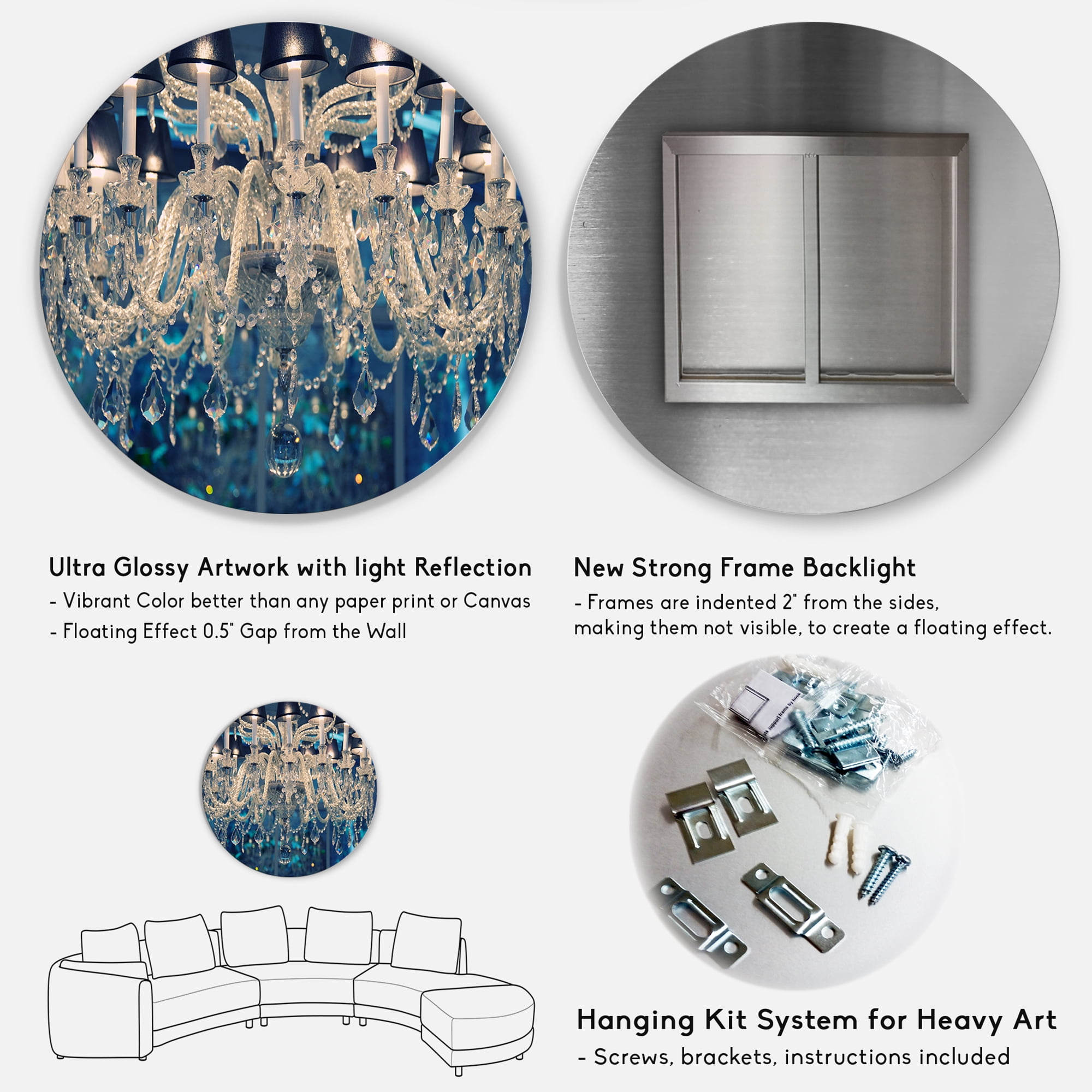 Designart 'Blue Vintage Crystal Chandelier' Disc Flower Artwork on Large Metal Circle Wall Art