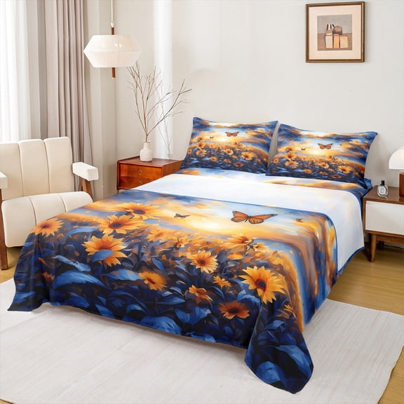 Castle Fairy Floral Sunflower 3pcs Twin Sheet Sets,Flying Butterfly Twin Fitted Sheet,Blue Orange Breathable Flat Sheet,Super Cozy Flower Room Decor