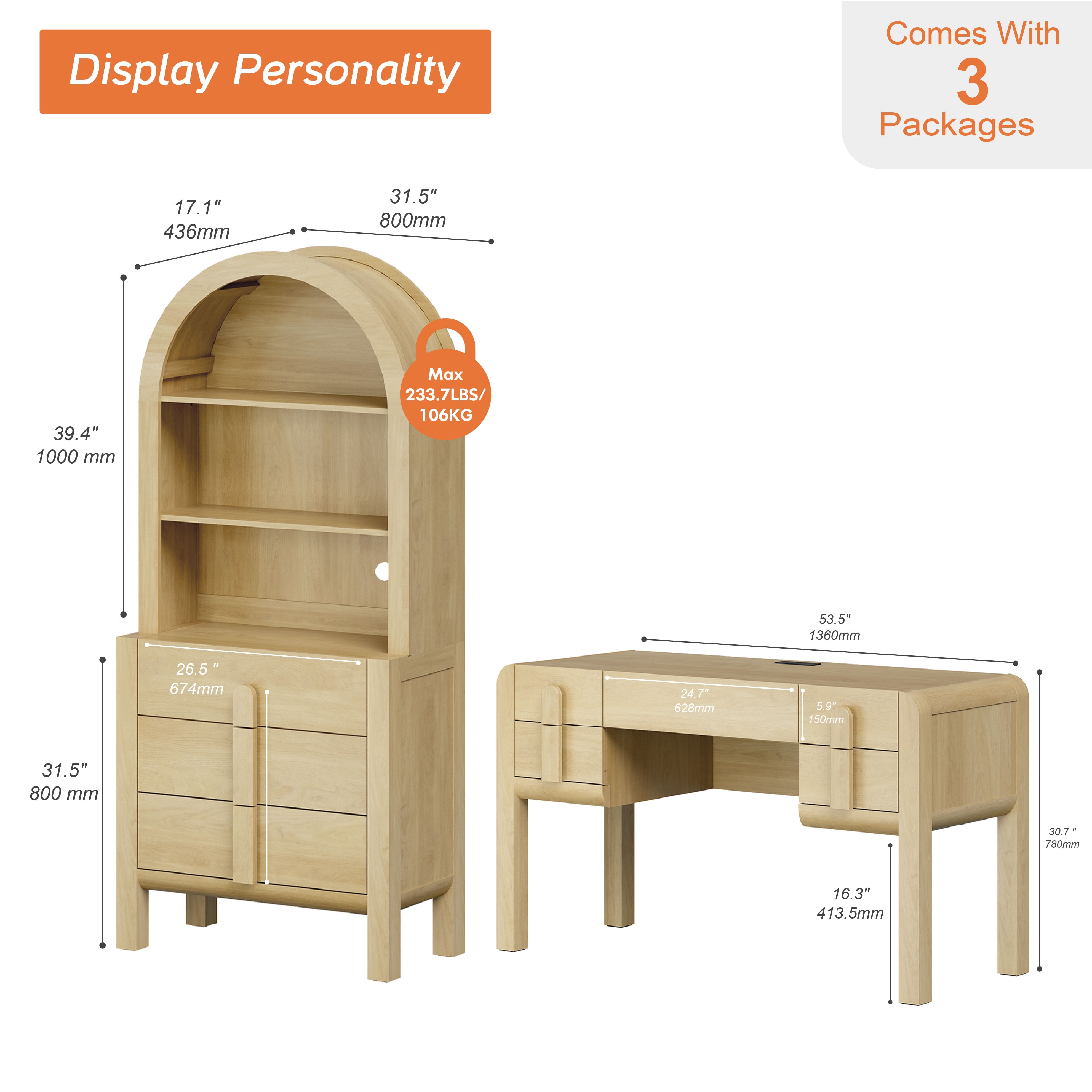2 Piece Office Set, 53.5" Modern Executive Desk with Charging Station and Drawers & 71"H Tall 3-Tier Arched Bookcases with Open Storage for Living Room, Bedroom, Home Office