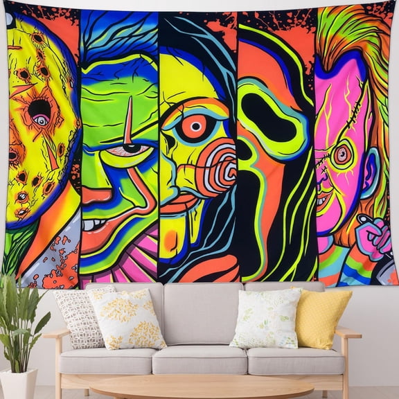 Black Light Art Halloween Wall Decor Trippy Blacklight Horror Face Tapestry, UV Reactive Tapestries Glow in The Dark Party Tapestry for Bedroom, Living Room (29" x 37")