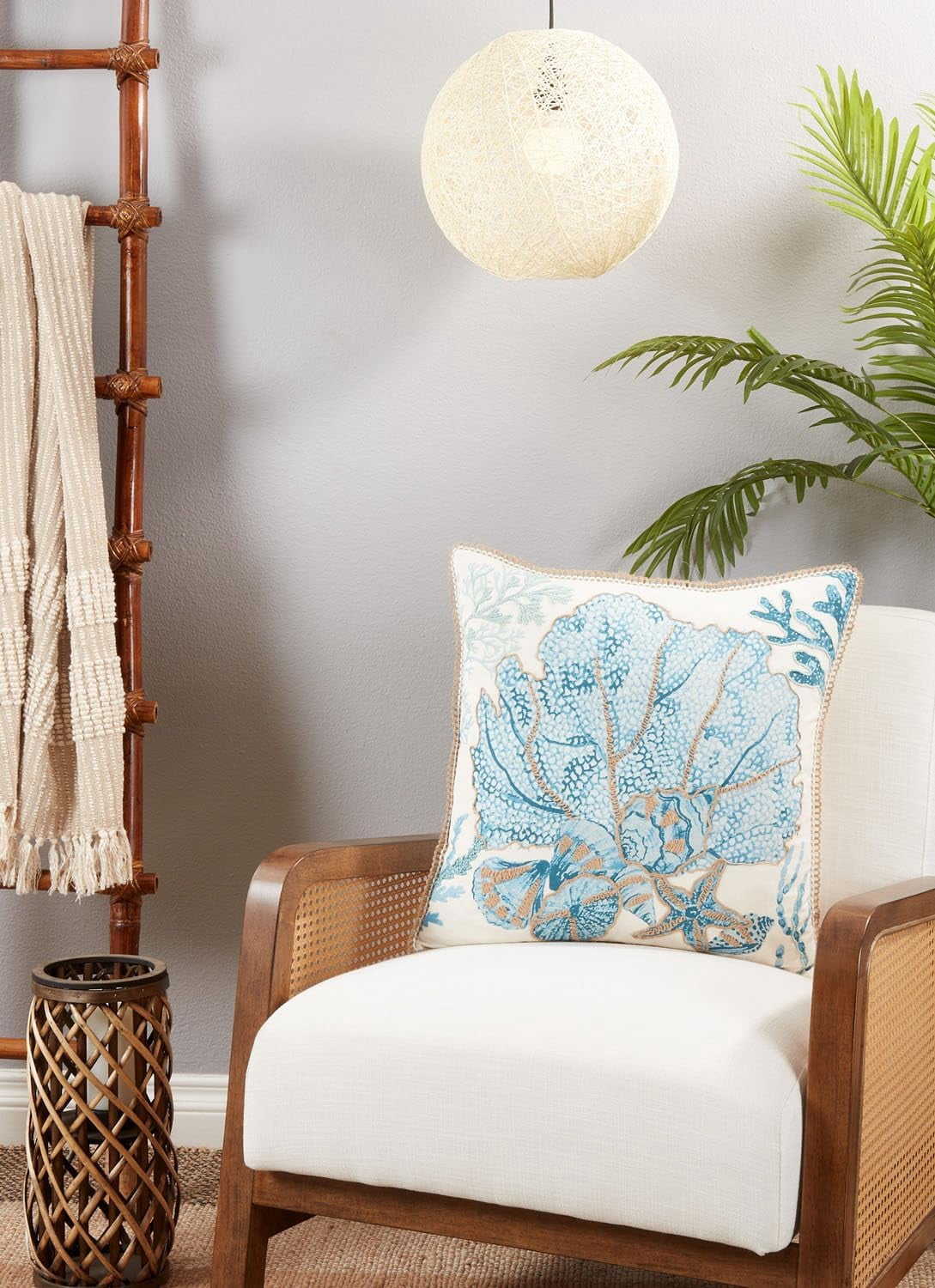 Fennco Styles Sea Fan Coral Cotton Decorative Throw Pillow Cover 20" W x 20" L – Aqua Nautical Sea Creatures Cushion Case for Couch, Sofa, Bedroom, Office and Living Room Décor
