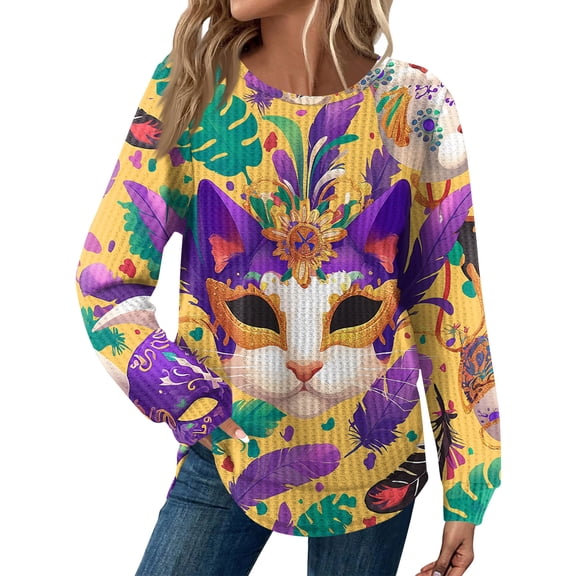 Mardi Gras Shirts for Women Carnival Sparkly Crew Neck Graphic Tee Glitter Long Sleeve Gold Tunic Tops Fluorescence Yellow M