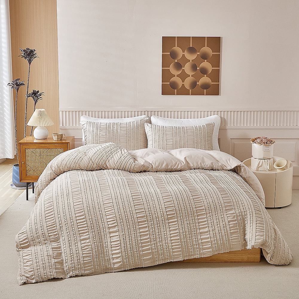 Soft Breathable Striped Textured Duvet Cover Bedding Khaki King Size