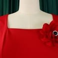 thumbnail image 5 of AURA Plus Size Square Neck A Line Midi Dress High Waist Large Skirt Bell Sleeve Solid Color Belted Dress with Flower, 5 of 9