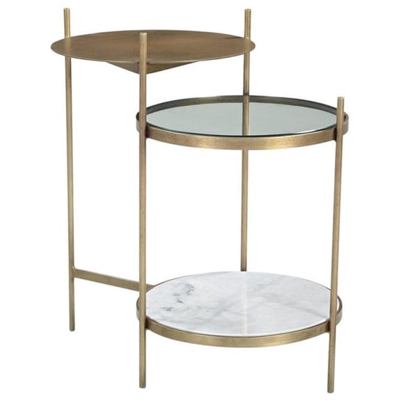 Galahad Side Table in Modern White Marble and Brass Toned Iron