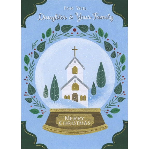 Designer Greetings White Church with Gold Windows Inside Snow Globe with Gold Foil Base Religious Christmas Card for Daughter and Family