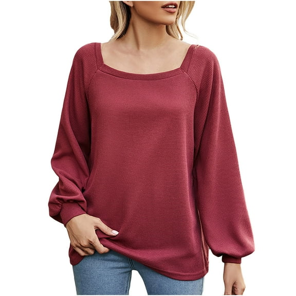 BLVB Women's Spring Fall Tunic Tops Square Collar Long Sleeve Shirts Solid Casual Loose Ladies Dressy Blouse