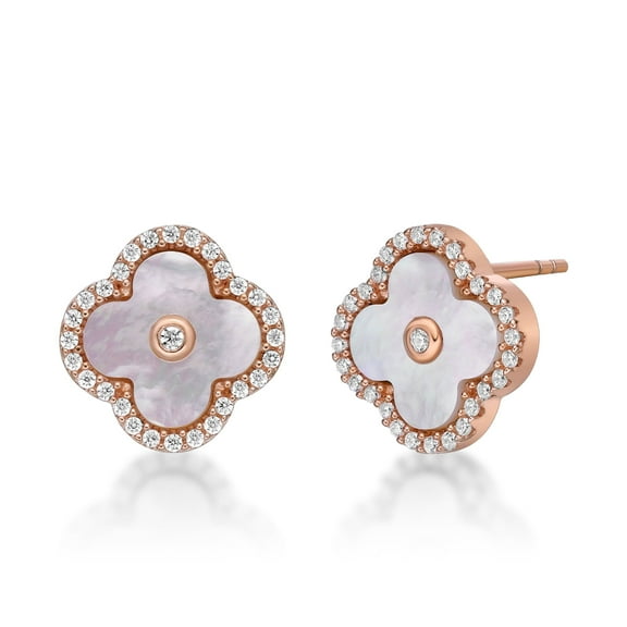Mother of Pearl Flower Stud Earrings for Women in 925 Sterling Silver with Rose Gold Plating Post Back 11 MM by Lavari Jewelers