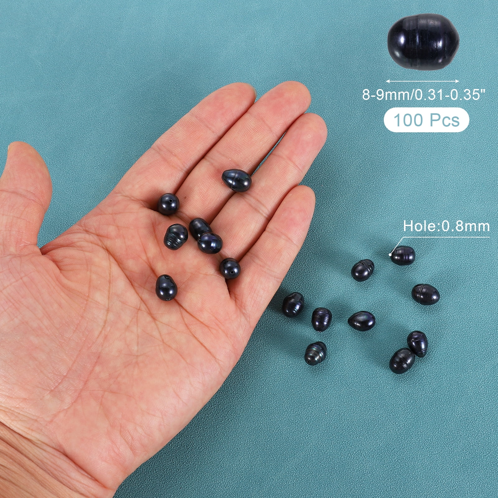 Uxcell 100 Pcs Natural Freshwater Pearl Beads, 8-9mm Oval Rice Shape Loose Gemstone Pearls 0.8mm Hole for Leather Cord Beading Jewelry Making DIY Craft, Black