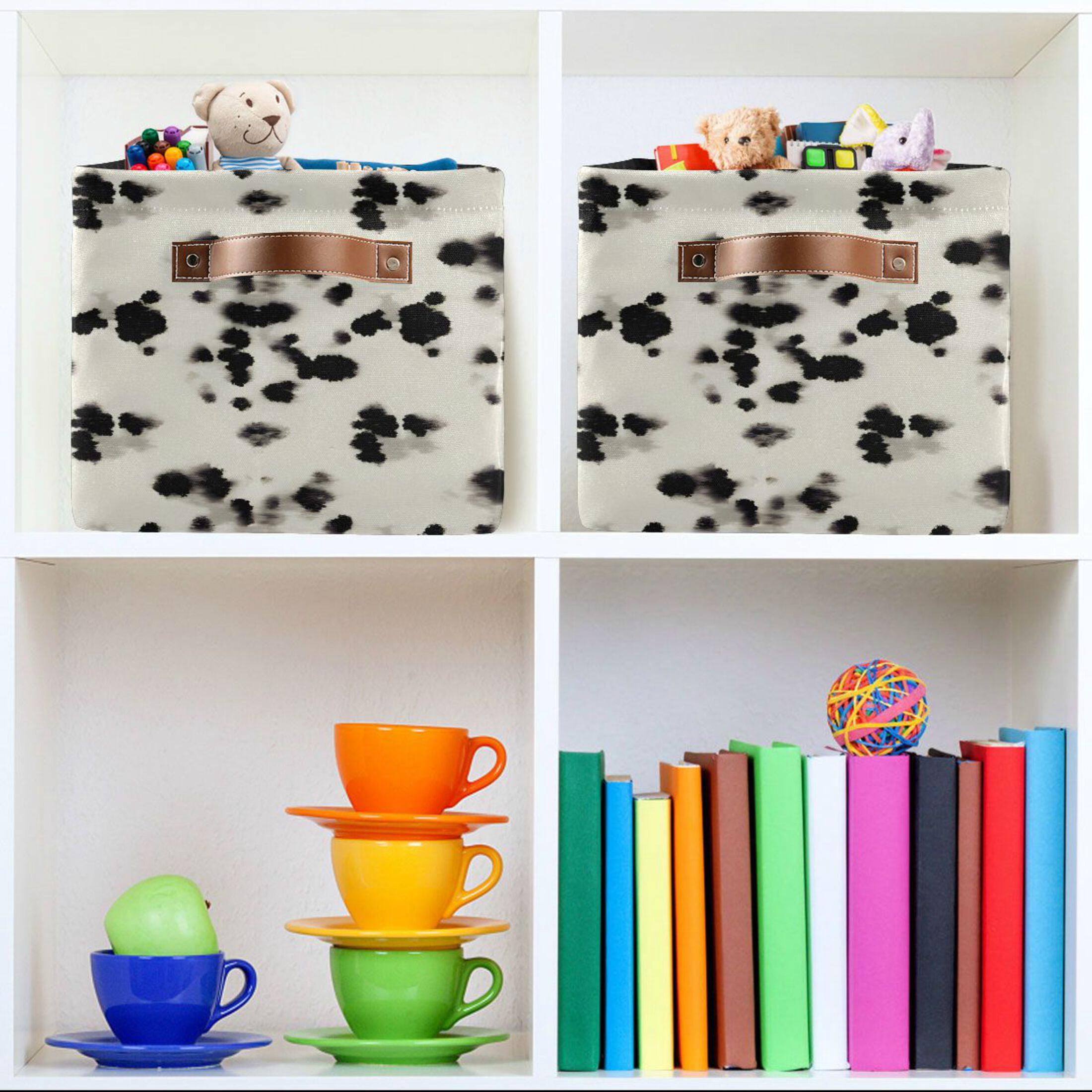 Black Cow Spots Storage Bins with Handle Fabric Organizer Basket Foldable Box 2 Pack 14.2x10.2x8.3