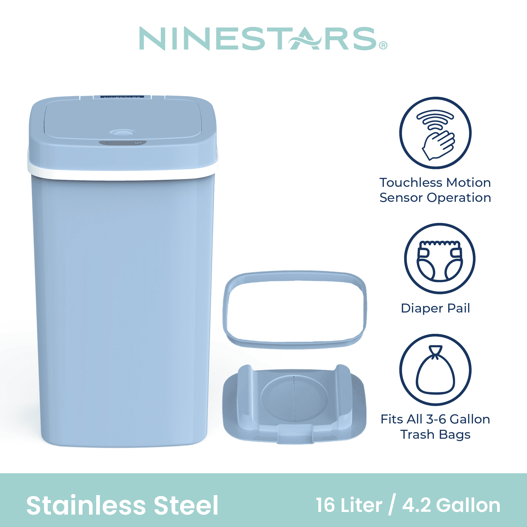 Nine Stars Automatic Nursery Trash Can, 4 Gallon Plastic, Motion Sensor Soft Close Lid Garbage Bin, Blue