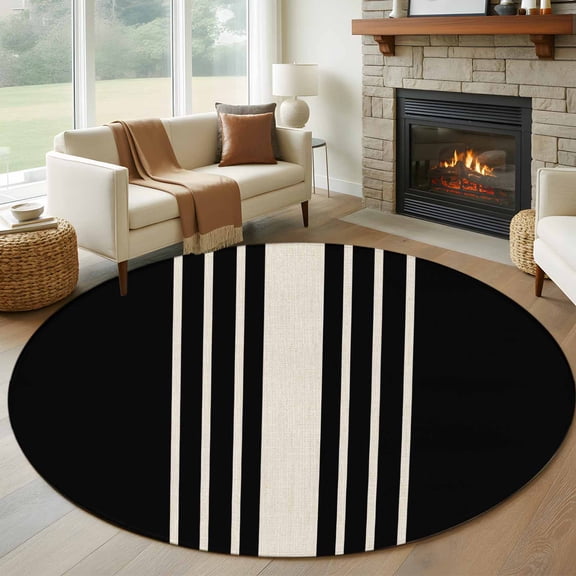 6ft Round Rug, Black Beige Striped Non-Skid Rubber Backing Large Area Rugs - Living Room Bedroom Home Office, Modern Farmhouse Retro Lines Indoor Floor Mat Carpets Washable Rug