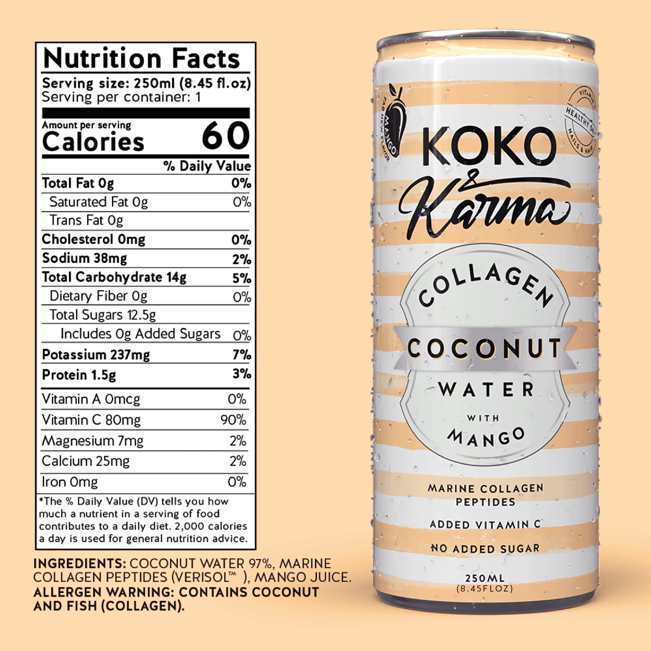 (3 pack) Koko & Karma Mango Coconut Water, Marine Collagen, No Added Sugar, 4-Pack Cans (8.45 fl oz Each)