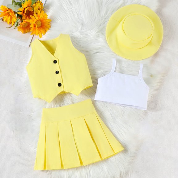 hengsof Children's Fashion Cotton Four Piece Set Solid Color Sleeveless Round Neck Button Down Vest Top Halter Top Pleated Skirt Hat Set
