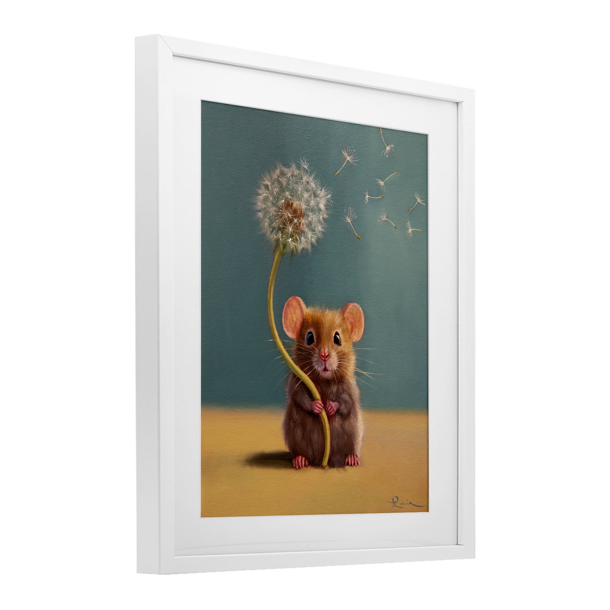 Tiny Wishes Mouse & Dandelion White Framed Print Under Glass, design by Lucia Heffernan