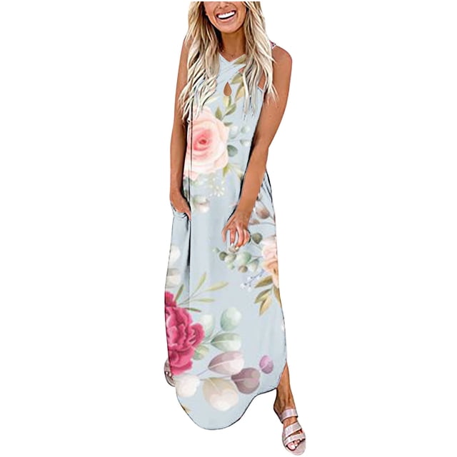Lenago Robes Grande Taille pour Femmes 2023 Robe Longue Sans Manches Imprimée Col Croisé Robes d'Été Plage en Liquidation