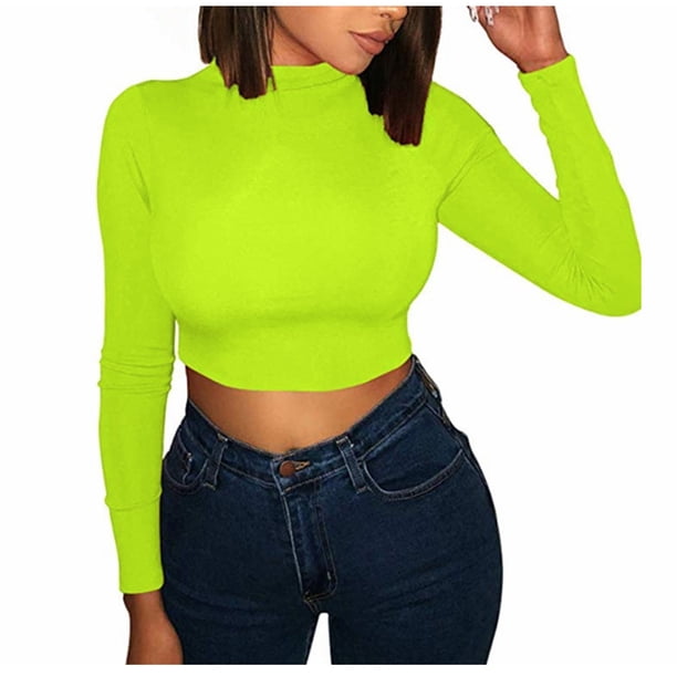 Mujeres Sexy Color sólido Crop Workout Manga larga O-cuello Camisas Blusa casual Tops Fridja ghj987+511