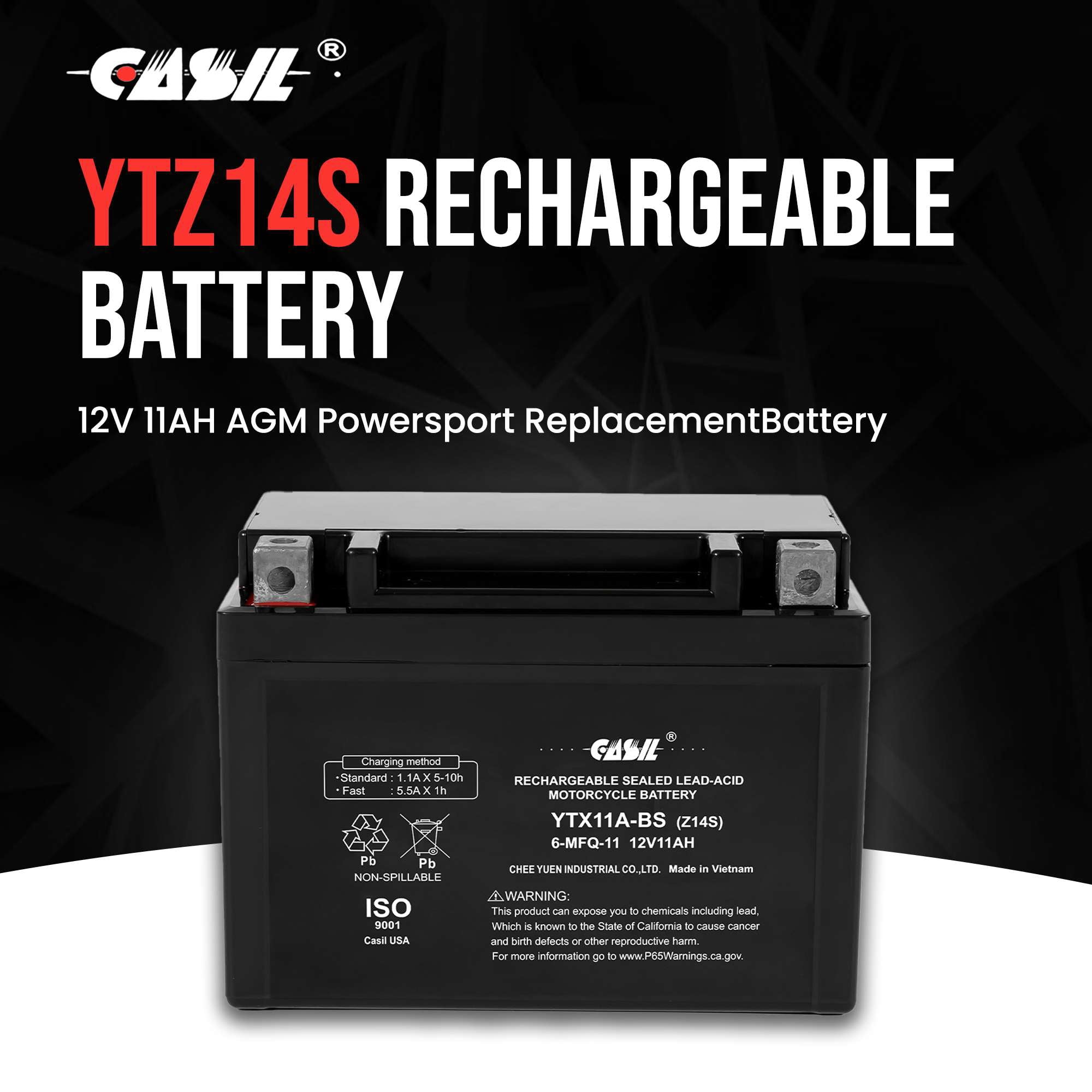 Casil YTZ14S 12V 11A AGM Powersport Battery Maintenance Free Replacement Battery for BMW Honda Suzuki and Yamaha Motorcycles