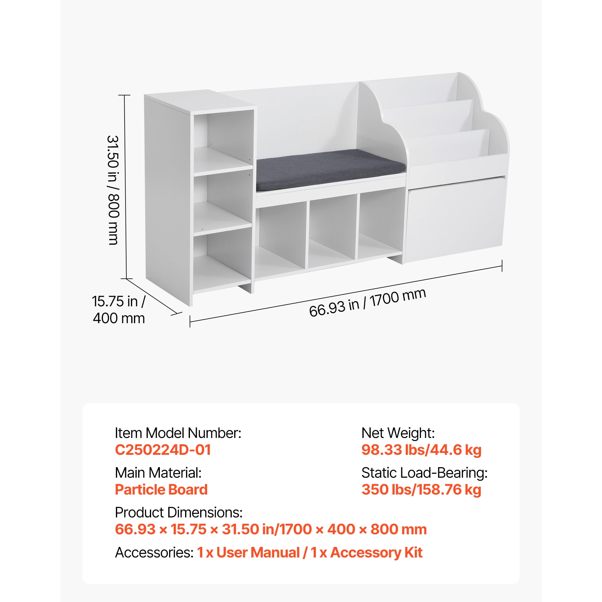 KFFKFF Kids Bench with Storage Rack, Large Toy Organizer with Multiple Functional Area for Playroom, Living Room, or Entryway, White